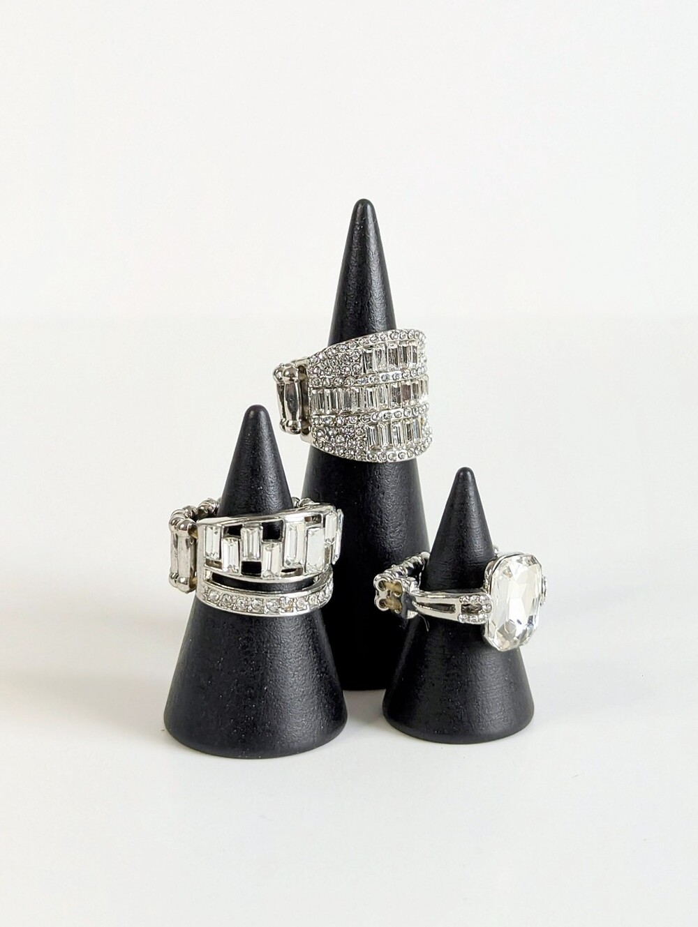 Vintage Silver Rhinestone Stretch Ring Lot Crystal Baguette Statement Pack 3pc